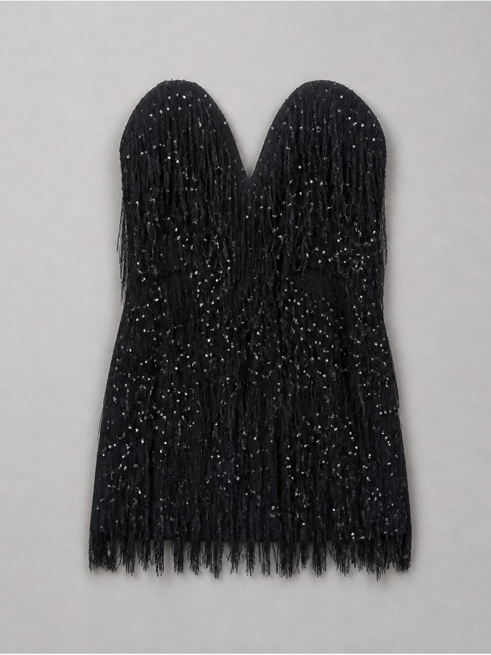 Strapless Black Sequin Fringe Mini Dress